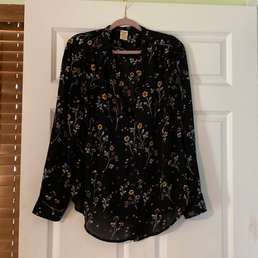 Beautiful floral top, yellows and reds and purple flowers